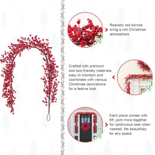 Glitzhome® 6ft. Christmas Red Berries Garland, Set of 2
